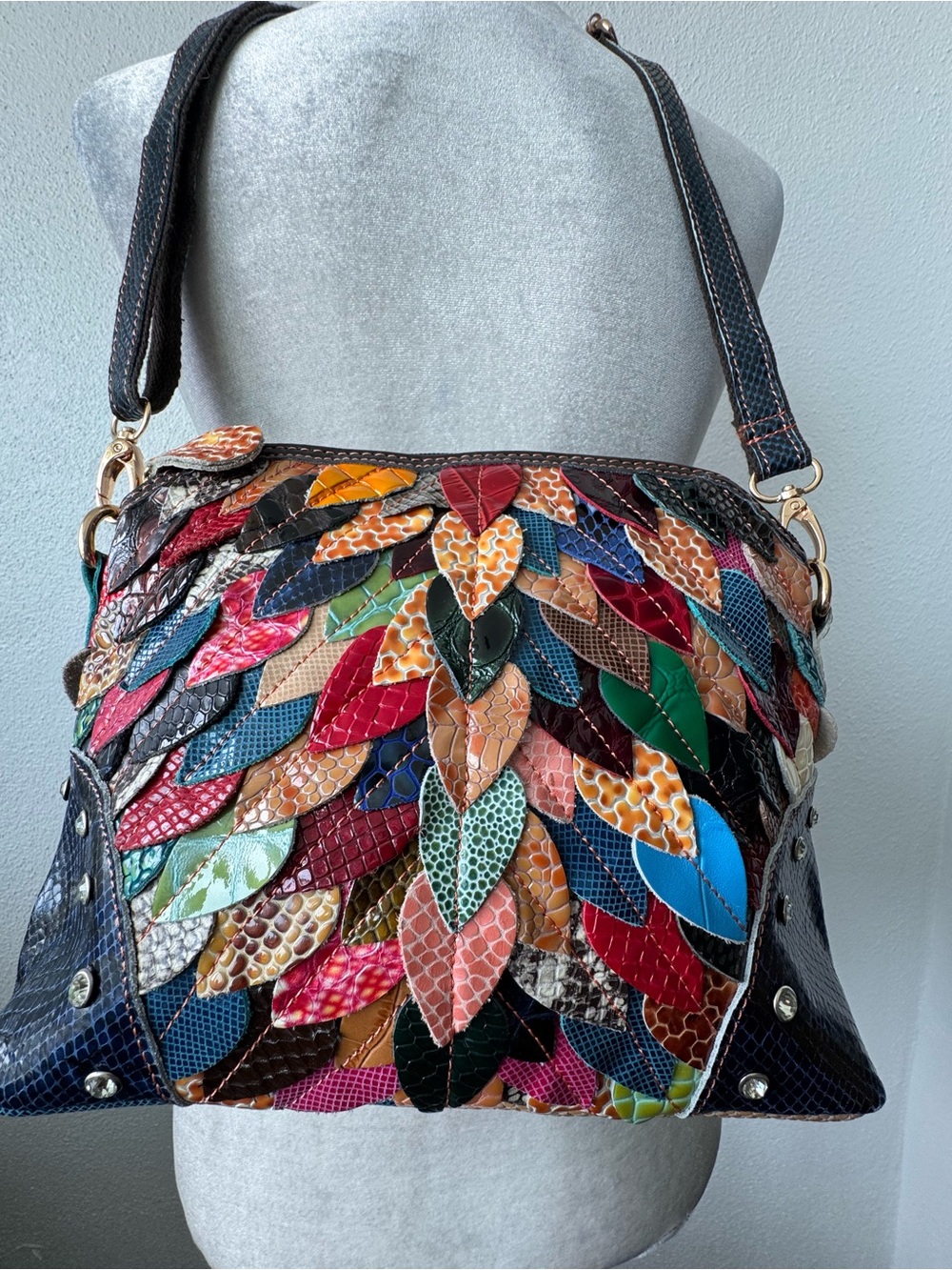 Multicolor Patchwork Shoulder Bag Colors Vary Dressy Unique - Picture 8 of 10